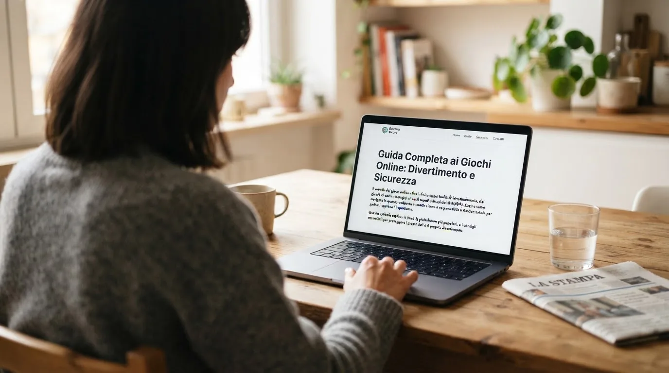 Persona davanti a un portatile che legge una pagina informativa sul gioco online in Italia — 100 giri gratis senza deposito