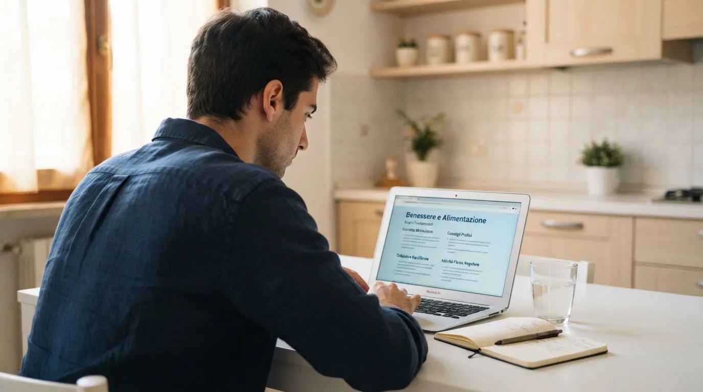 Persona davanti a un portatile che legge una pagina informativa sul gioco online in Italia — 25, 30, 50, 100, 200 giri gratis senza deposito
