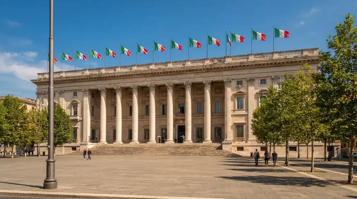 Palazzo istituzionale con bandiere al vento in una piazza soleggiata — 25, 30, 50, 100, 200 giri gratis senza deposito