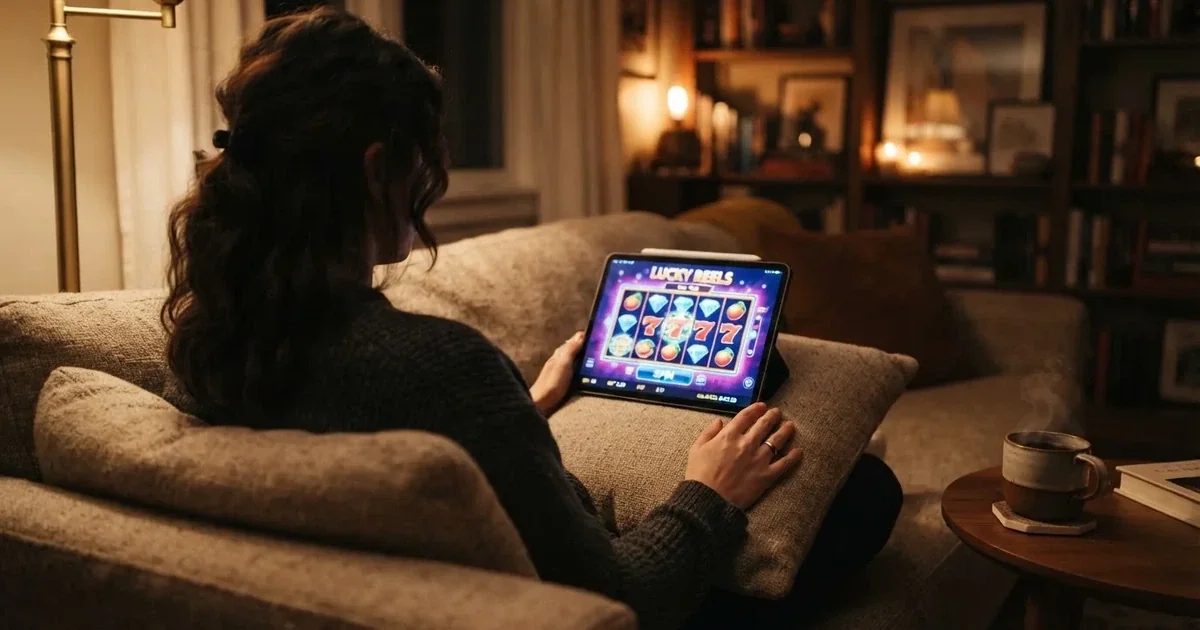 Giocatore sul divano con un tablet, tazza di caffè sul tavolino, luce calda — 50 free spins senza deposito
