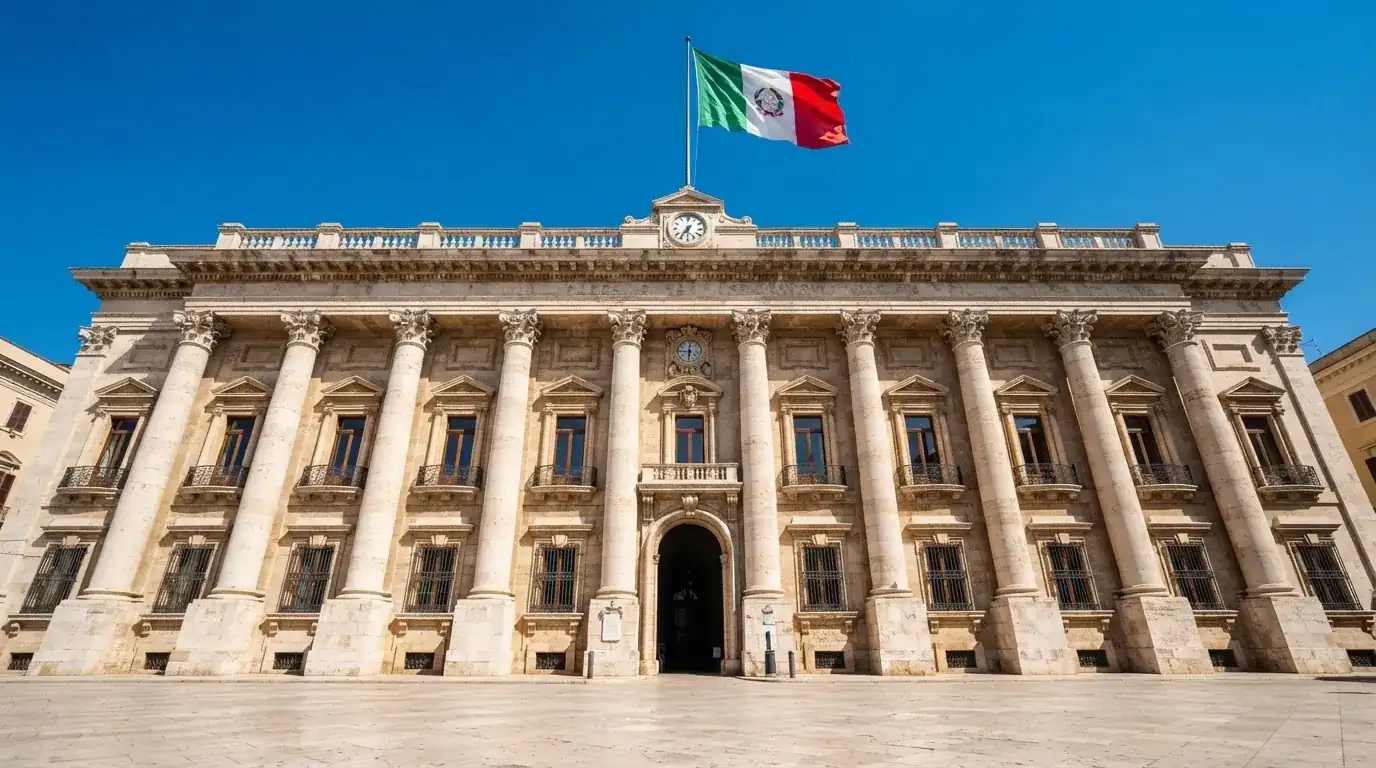 Un edificio governativo italiano con bandiera al vento fotografato dal basso in una giornata di sole.