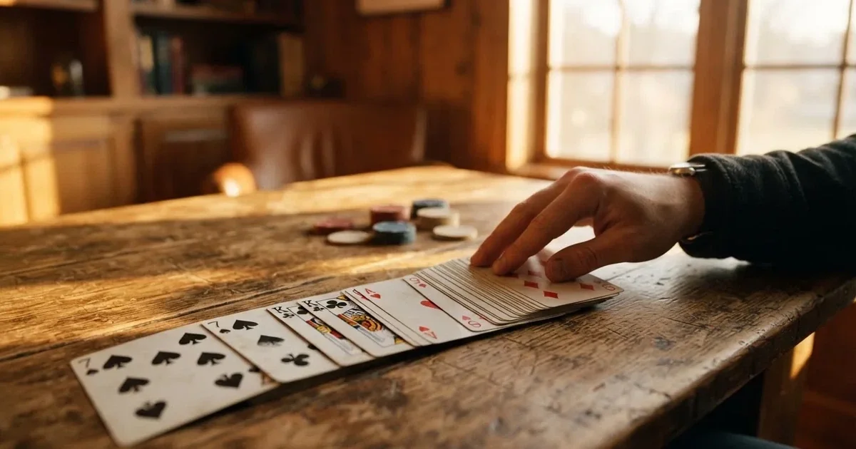 Una persona impugna un mazzo di carte da gioco su un tavolo in legno illuminato da luce naturale.