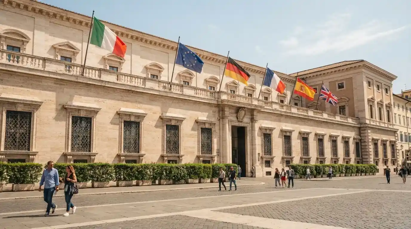Palazzo istituzionale con bandiere al vento in una piazza soleggiata — 70 giri gratis senza deposito