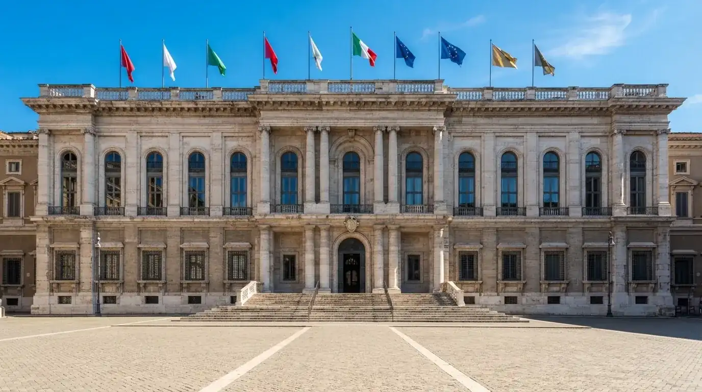 Palazzo istituzionale con bandiere al vento in una piazza soleggiata — big time gaming live casino italia