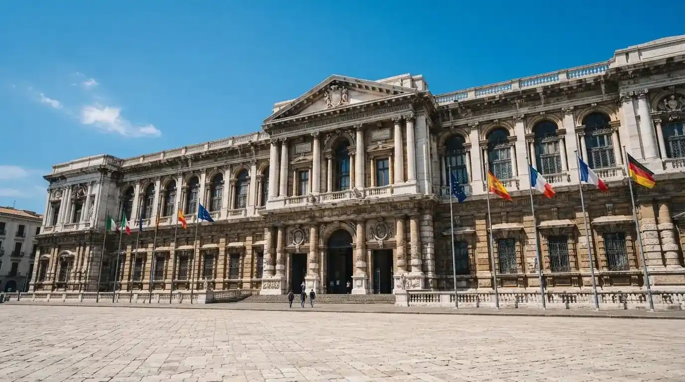 Palazzo istituzionale con bandiere al vento in una piazza soleggiata — bonus casino 100%