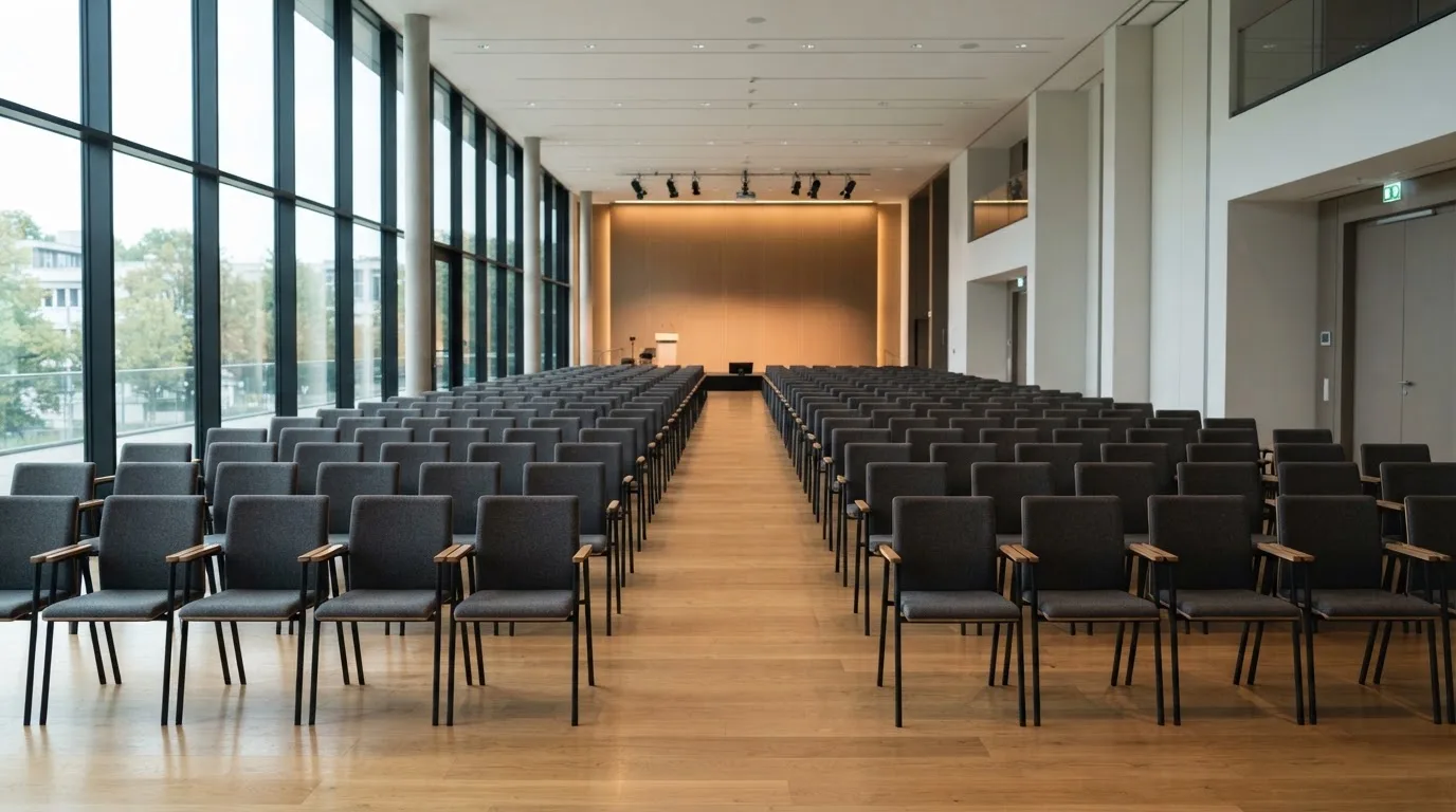 Una fila ordinata di sedie vuote disposte in un auditorium moderno illuminato da ampie finestre.