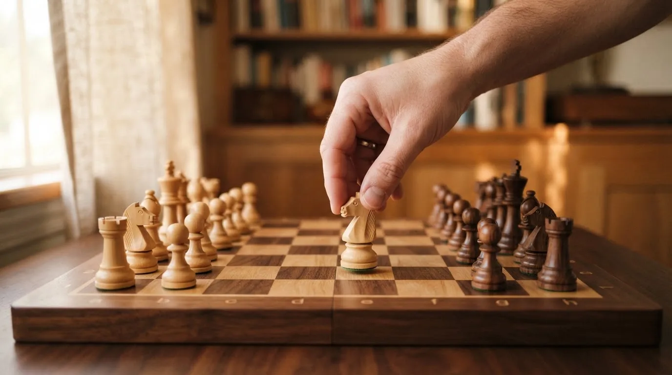 Una mano dispone pedine di scacchi in ordine su una scacchiera di legno in una stanza silenziosa.