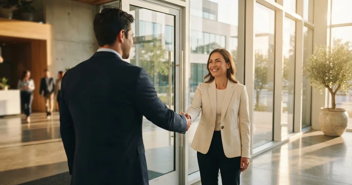 Una persona stringe la mano a un'altra in segno di benvenuto davanti alla porta di un ufficio moderno.