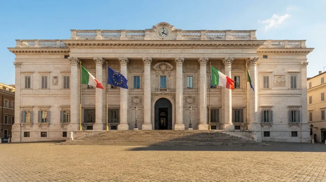 Palazzo istituzionale con bandiere al vento in una piazza soleggiata — casinò che accettano bitcoin