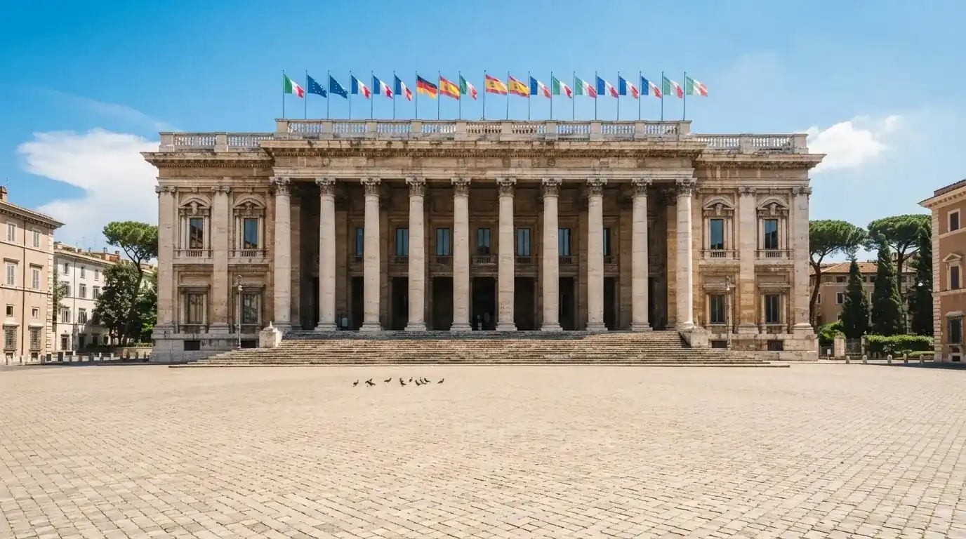 Palazzo istituzionale con bandiere al vento in una piazza soleggiata — casino com app android