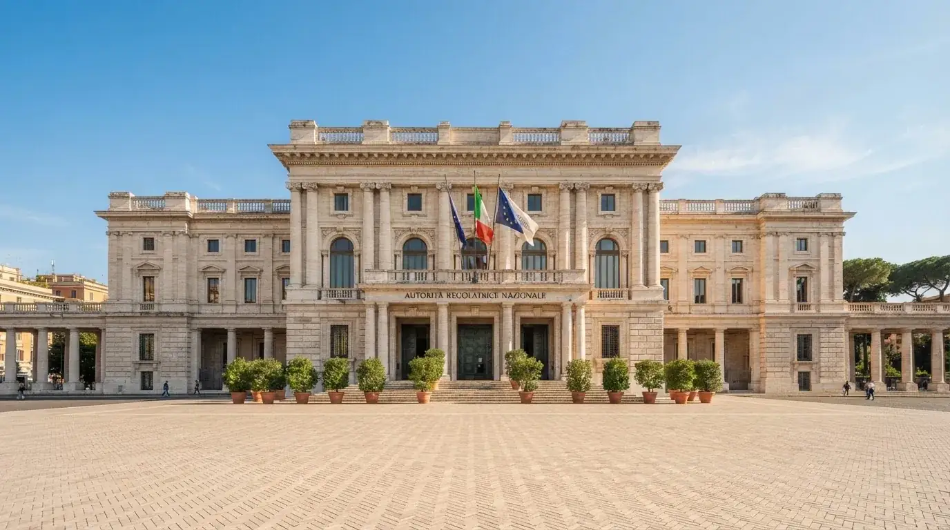 Palazzo istituzionale con bandiere al vento in una piazza soleggiata — casino com app iphone