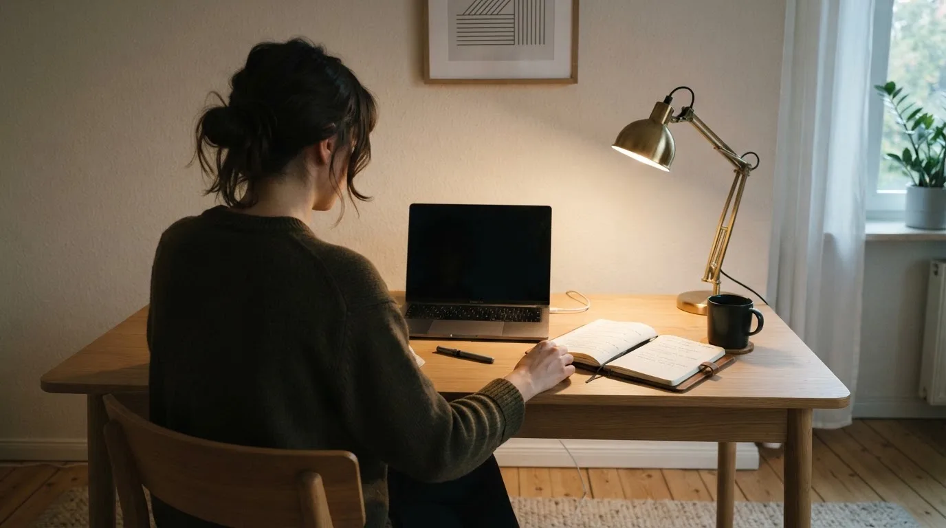 Una persona seduta a una scrivania minimalista con un laptop chiuso e una lampada accesa in un ufficio domestico ordinato.