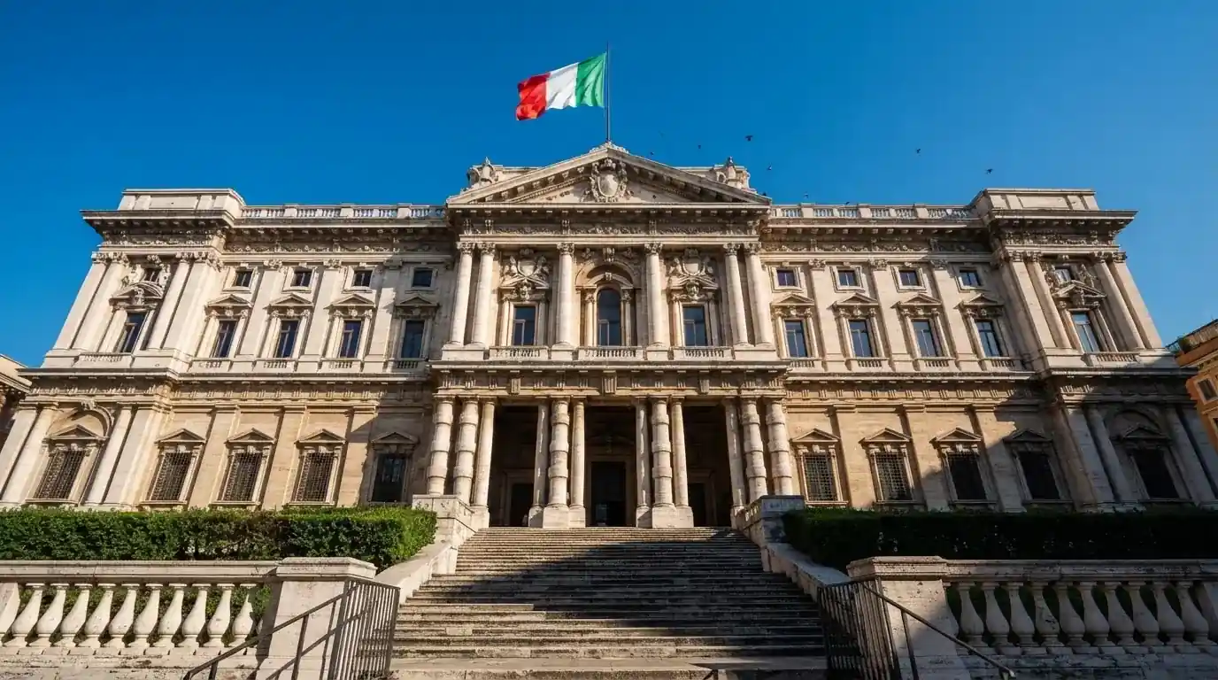 Un edificio governativo italiano con bandiera al vento fotografato dal basso in una giornata di sole.