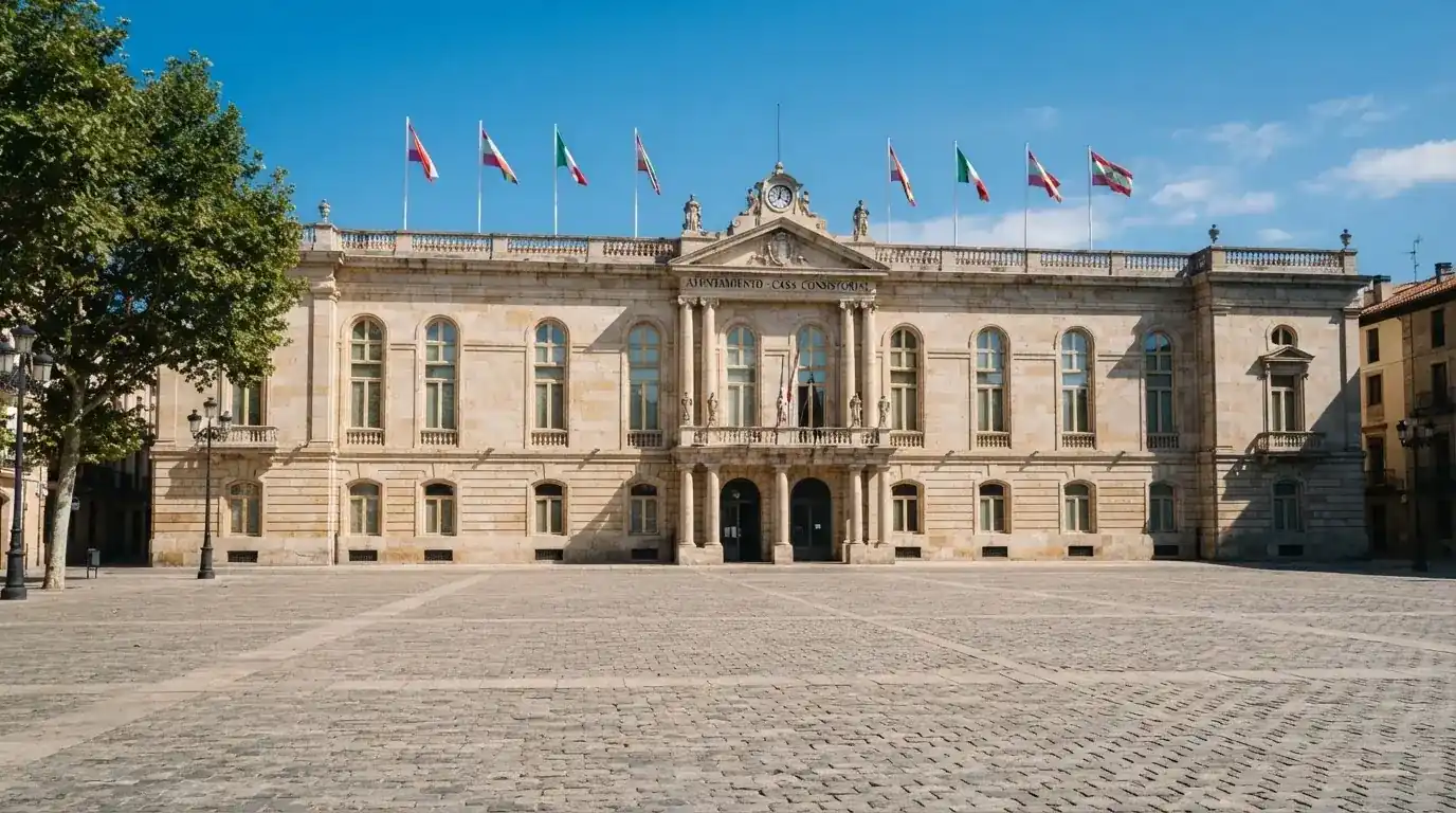 Palazzo istituzionale con bandiere al vento in una piazza soleggiata — casino dal vivo online
