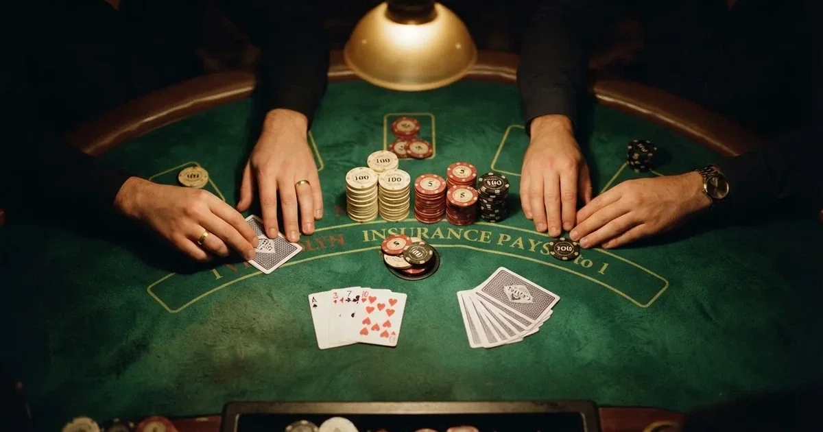 Tavolo da gioco illuminato con carte e fiches visto dall'alto — casino dal vivo online