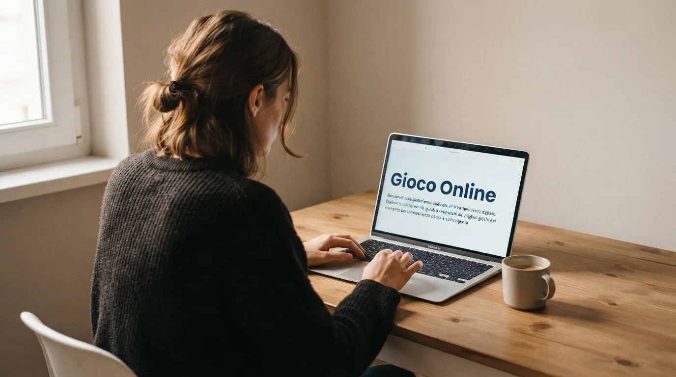 Persona davanti a un portatile che legge una pagina informativa sul gioco online in Italia — casino deposito minimo 1, 5, 10 e 20 euro