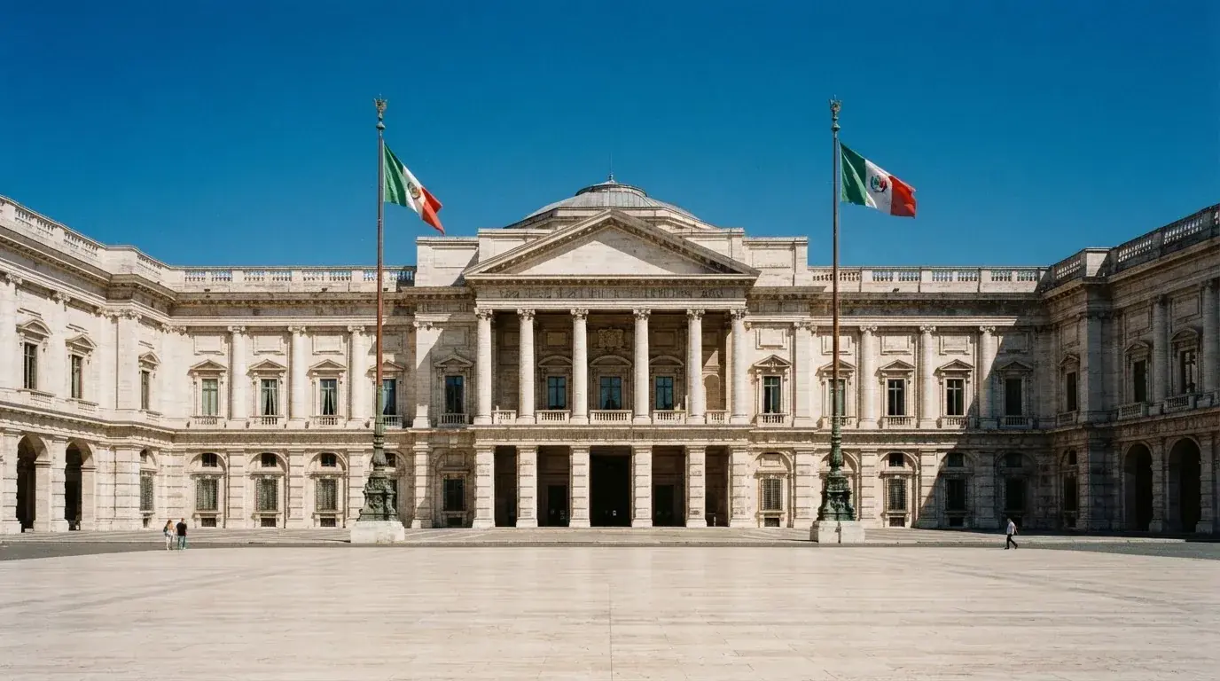 Palazzo istituzionale con bandiere al vento in una piazza soleggiata — casino deposito minimo 1, 5, 10 e 20 euro
