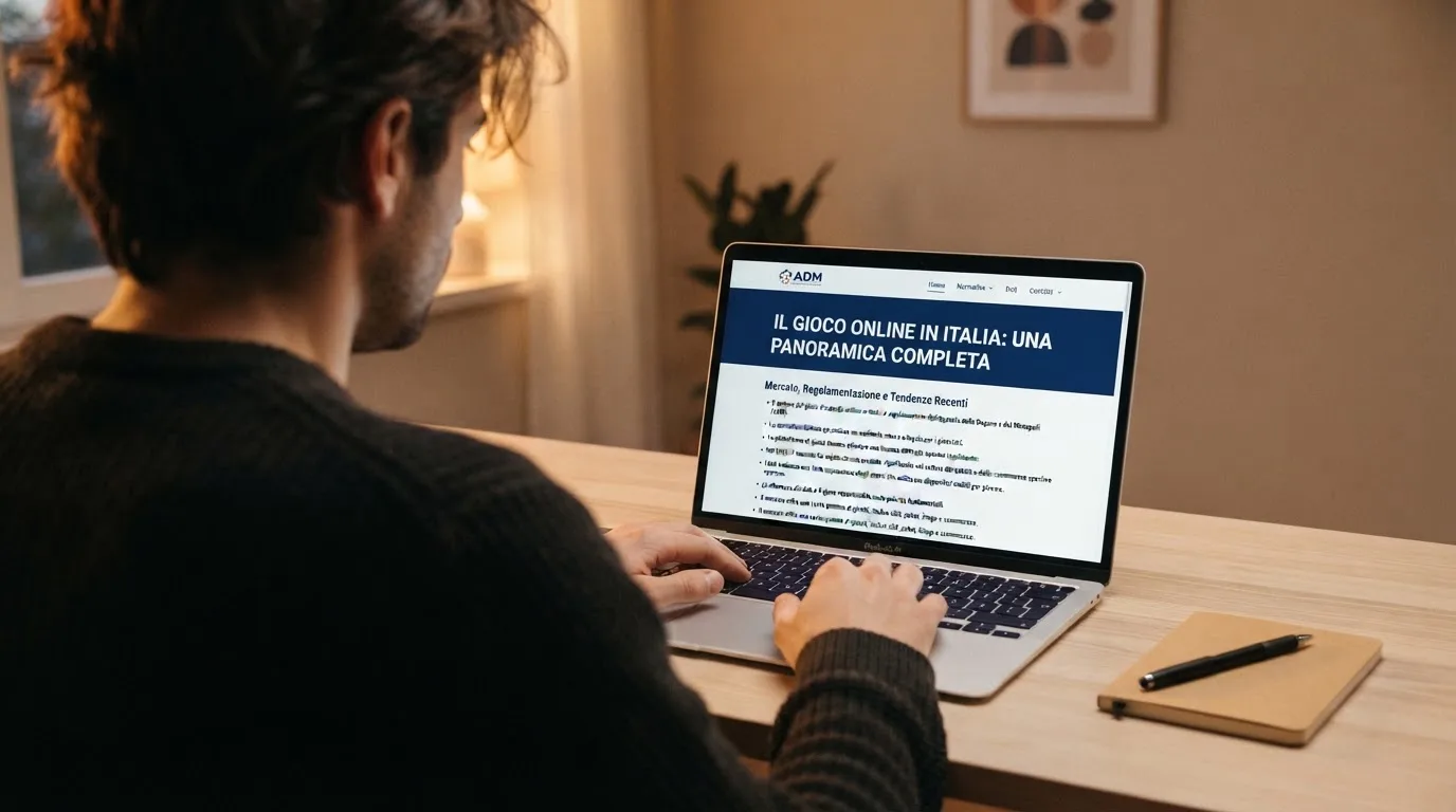 Persona davanti a un portatile che legge una pagina informativa sul gioco online in Italia — casino deposito minimo 1 euro