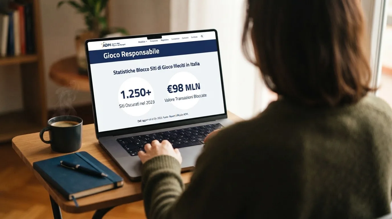 Persona davanti a un portatile che legge una pagina informativa sul gioco online in Italia — casino deposito minimo 10 centesimi