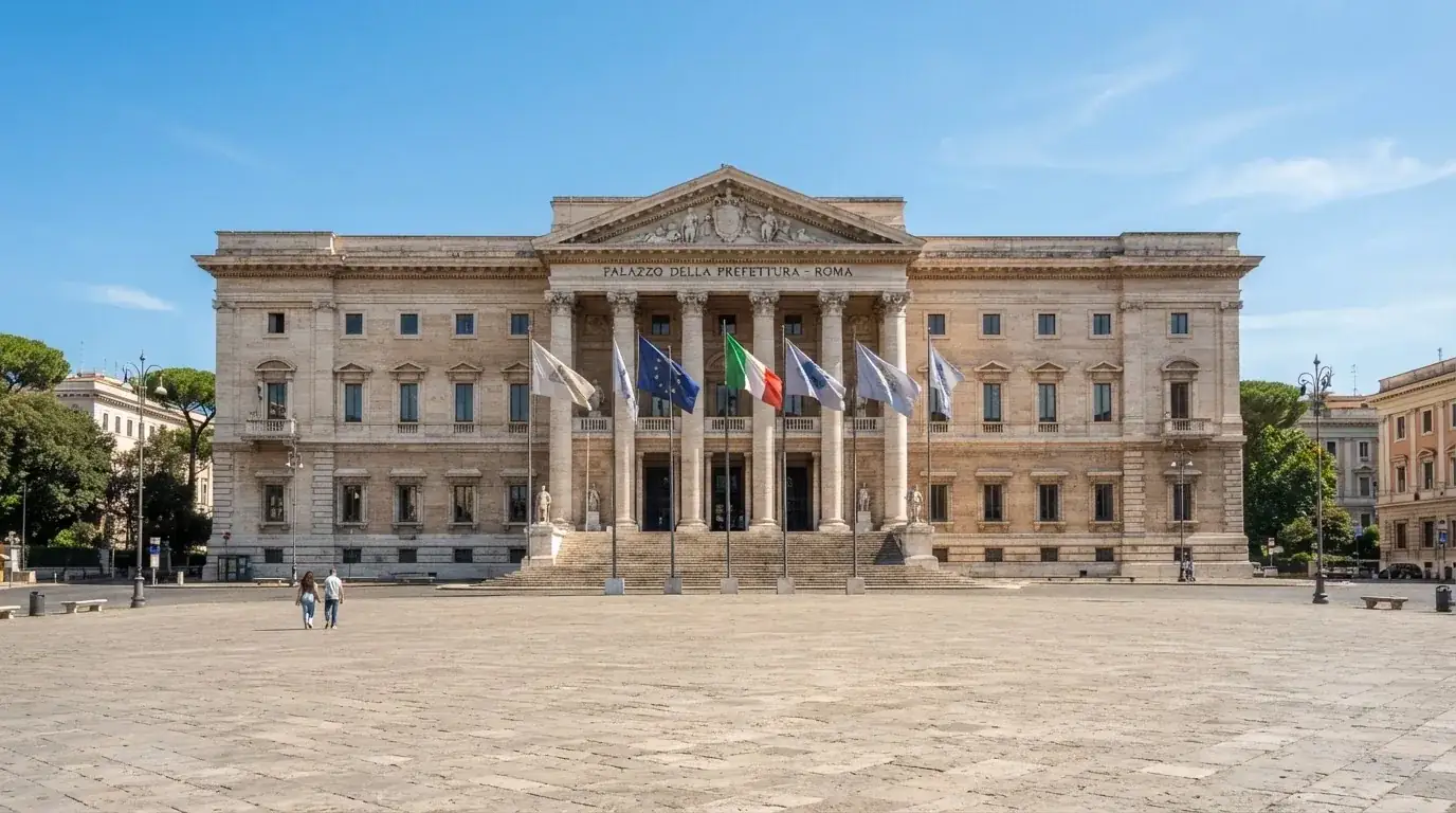 Palazzo istituzionale con bandiere al vento in una piazza soleggiata — casino deposito minimo 10 centesimi