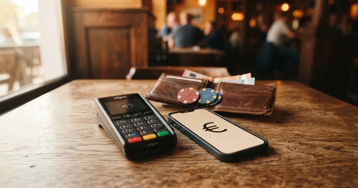 Terminale di pagamento e smartphone su un tavolo di legno accanto a un portafoglio — casino deposito minimo 10 centesimi