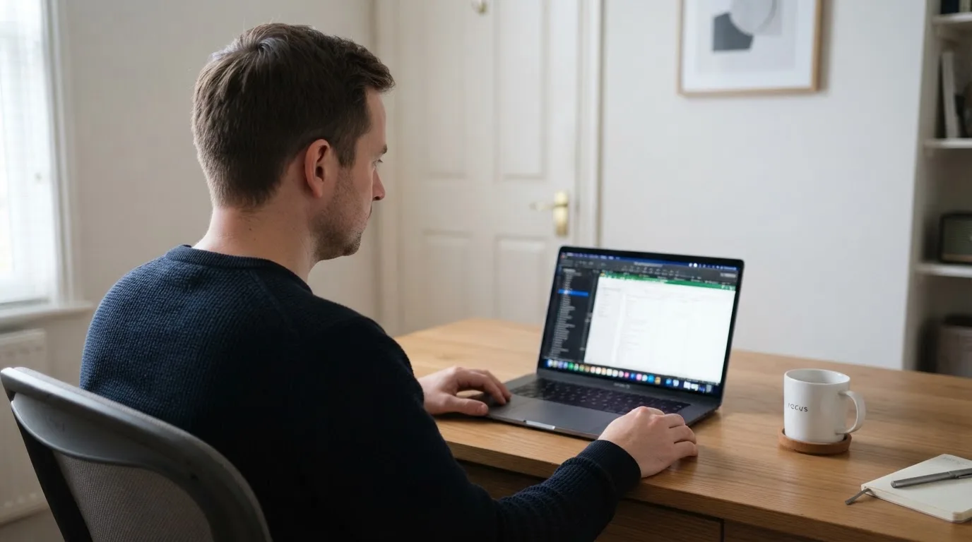 Un uomo seduto alla scrivania osserva pensieroso il monitor di un computer portatile, in una stanza ordinata con una tazza di caffè accanto.