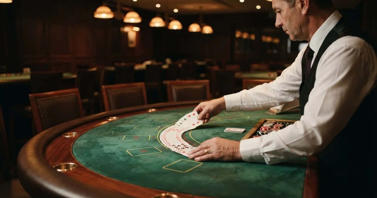 Un croupier distribuisce carte su un tavolo da gioco elegante, illuminato da luci soffuse in una sala professionale.