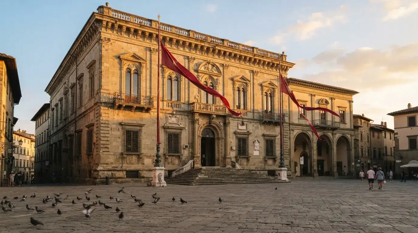 Palazzo istituzionale con bandiere al vento in una piazza soleggiata — casino metodi di pagamento italia