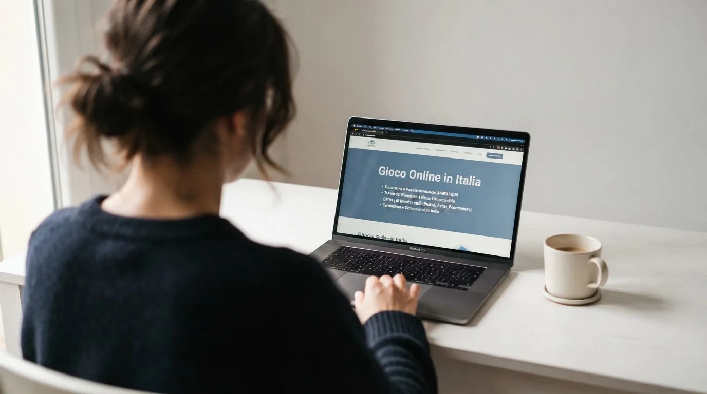 Persona davanti a un portatile che legge una pagina informativa sul gioco online in Italia — casinò non aams che accettano dogecoin