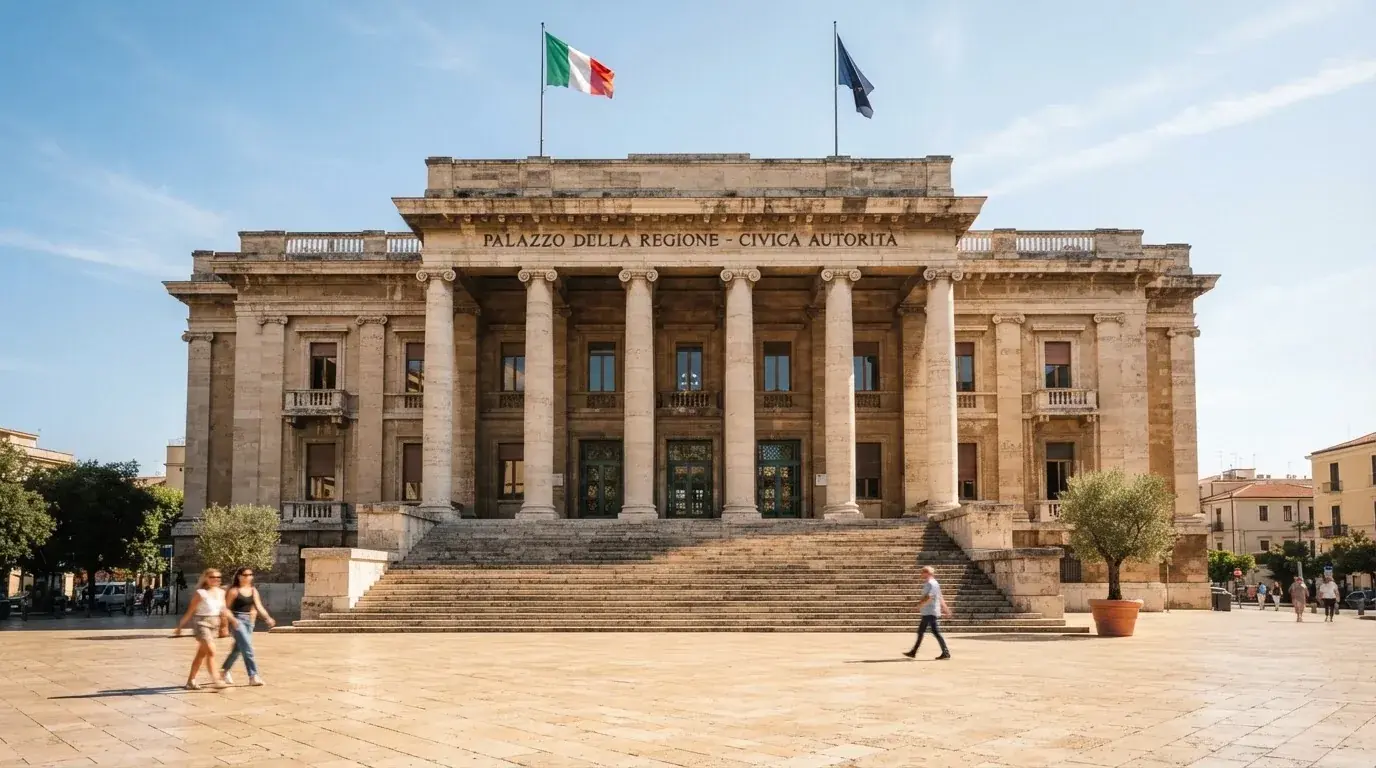 Palazzo istituzionale con bandiere al vento in una piazza soleggiata — casinò non aams che accettano dogecoin