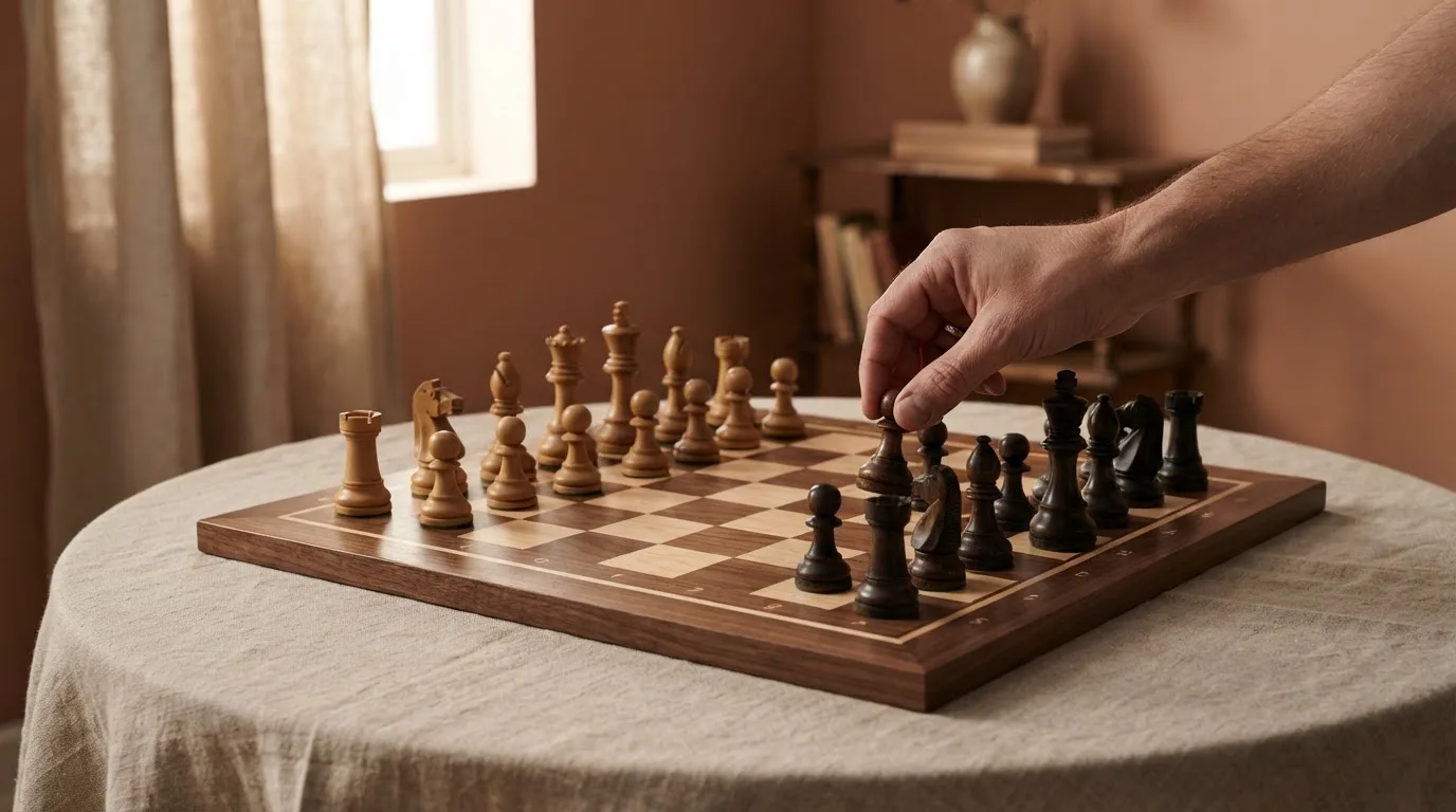 Una mano dispone pedine di scacchi in ordine su una scacchiera di legno in una stanza silenziosa.
