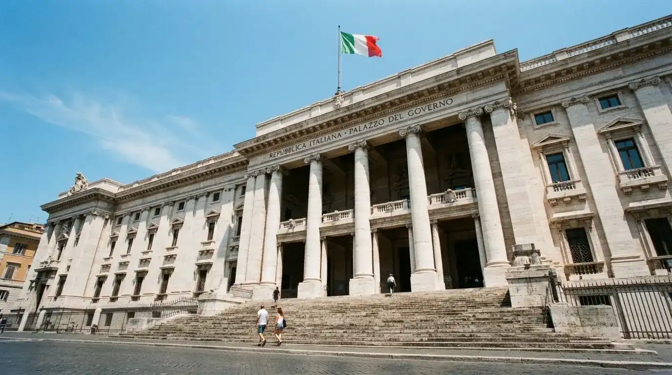 Un edificio governativo italiano con bandiera al vento fotografato dal basso in una giornata di sole.