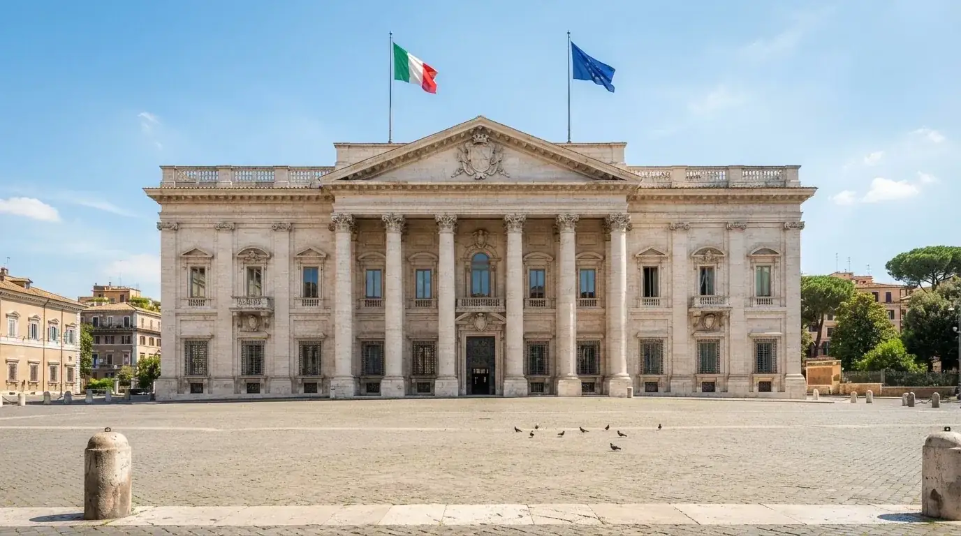 Palazzo istituzionale con bandiere al vento in una piazza soleggiata — casino non aams che accettano postepay