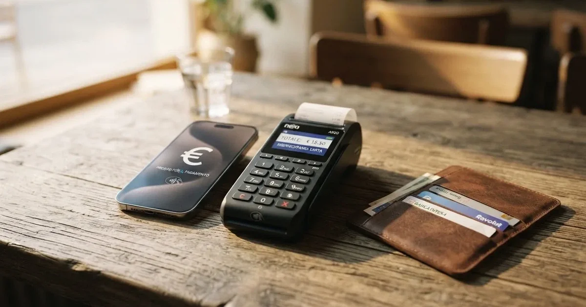 Terminale di pagamento e smartphone su un tavolo di legno accanto a un portafoglio — casino non aams che accettano postepay