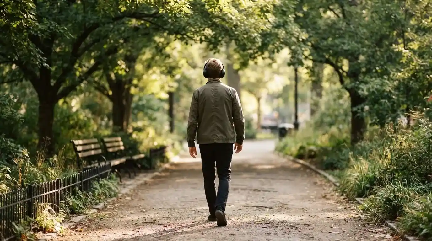 Un uomo cammina all'aperto in un parco cittadino indossando cuffie, lontano da qualsiasi dispositivo elettronico acceso.