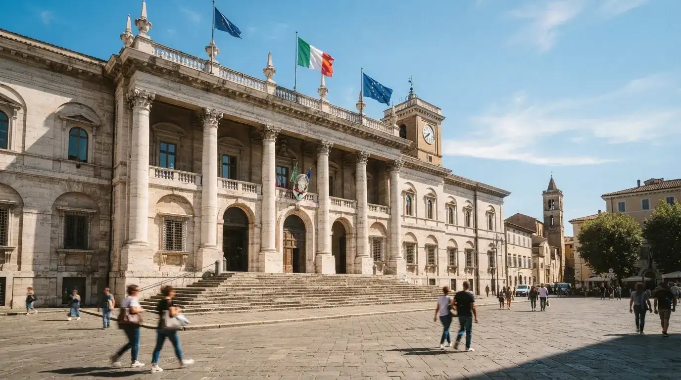 Palazzo istituzionale con bandiere al vento in una piazza soleggiata — casino online con algoritmo unbiased