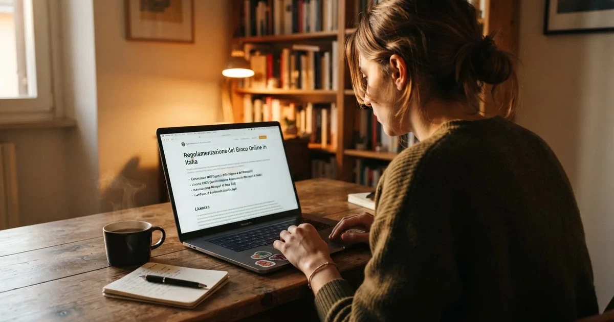 Persona davanti a un portatile che legge una pagina informativa sul gioco online in Italia — casino online con algoritmo unbiased