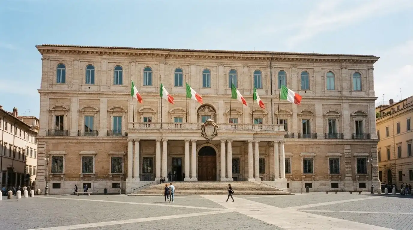 Palazzo istituzionale con bandiere al vento in una piazza soleggiata — casino online con bonus crab