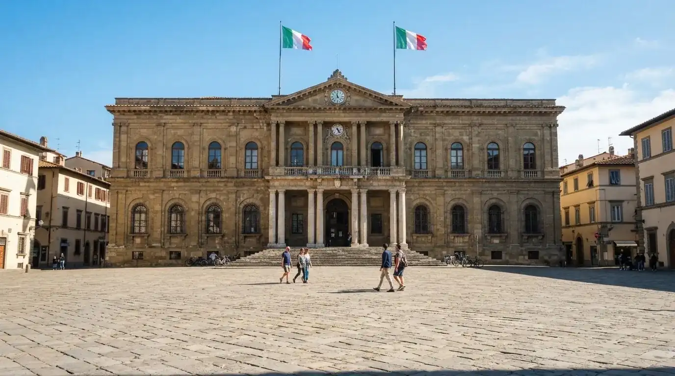Palazzo istituzionale con bandiere al vento in una piazza soleggiata — casino online con cie