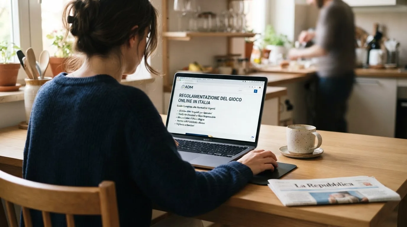 Persona davanti a un portatile che legge una pagina informativa sul gioco online in Italia — casino online con soldi finti