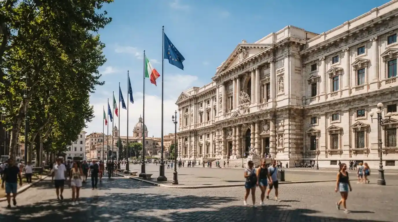 Palazzo istituzionale con bandiere al vento in una piazza soleggiata — casino online con soldi finti