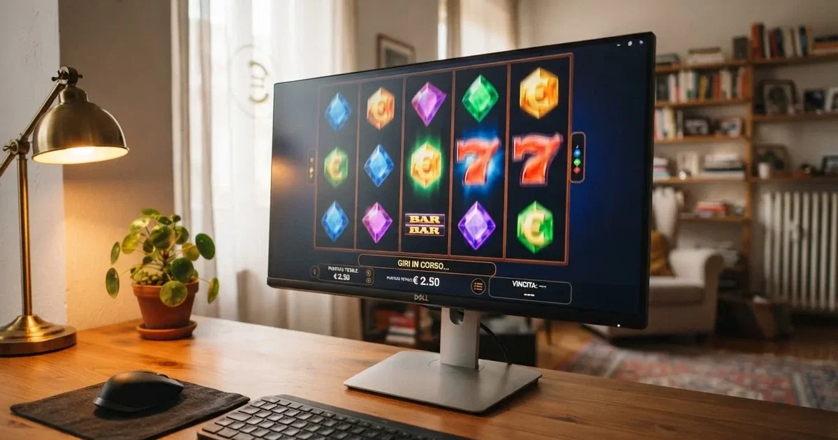 Rulli di una slot in movimento sullo schermo di un computer in un salotto — casino online con soldi finti
