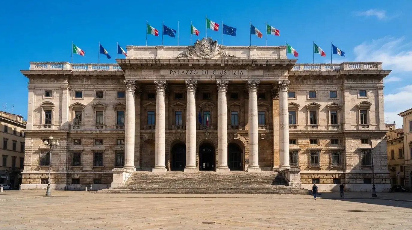 Palazzo istituzionale con bandiere al vento in una piazza soleggiata — casino online italiani senza autoesclusione