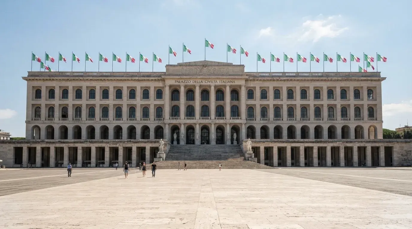 Palazzo istituzionale con bandiere al vento in una piazza soleggiata — casino online senza registrazione