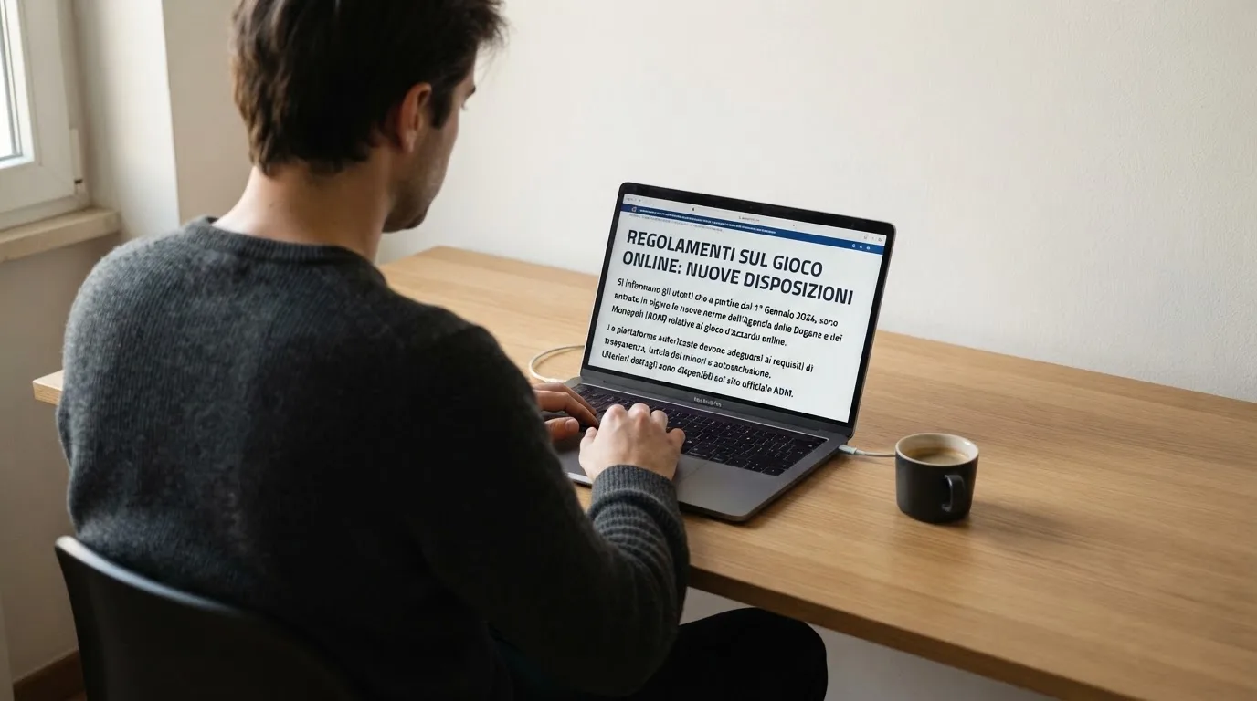 Persona davanti a un portatile che legge una pagina informativa sul gioco online in Italia — casino senza codice fiscale