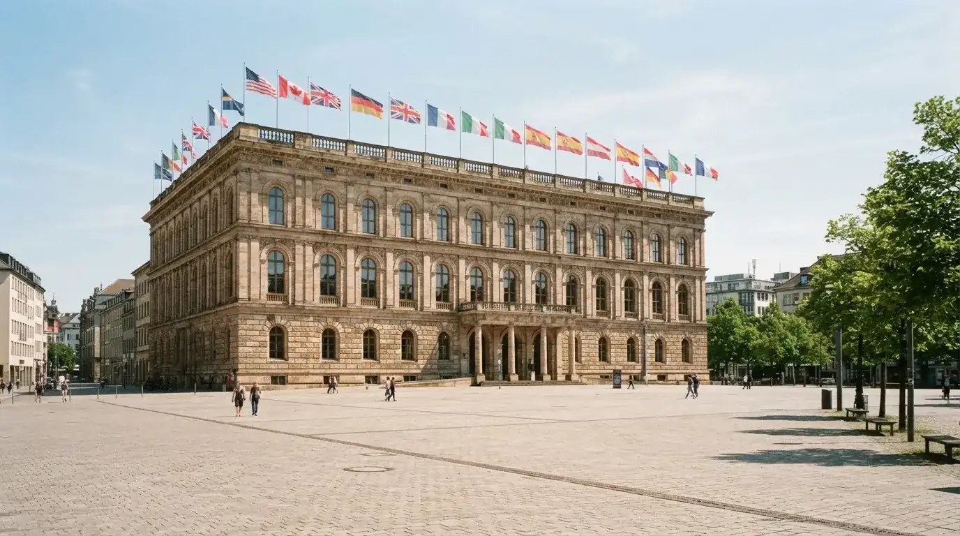 Palazzo istituzionale con bandiere al vento in una piazza soleggiata — casino senza codice fiscale