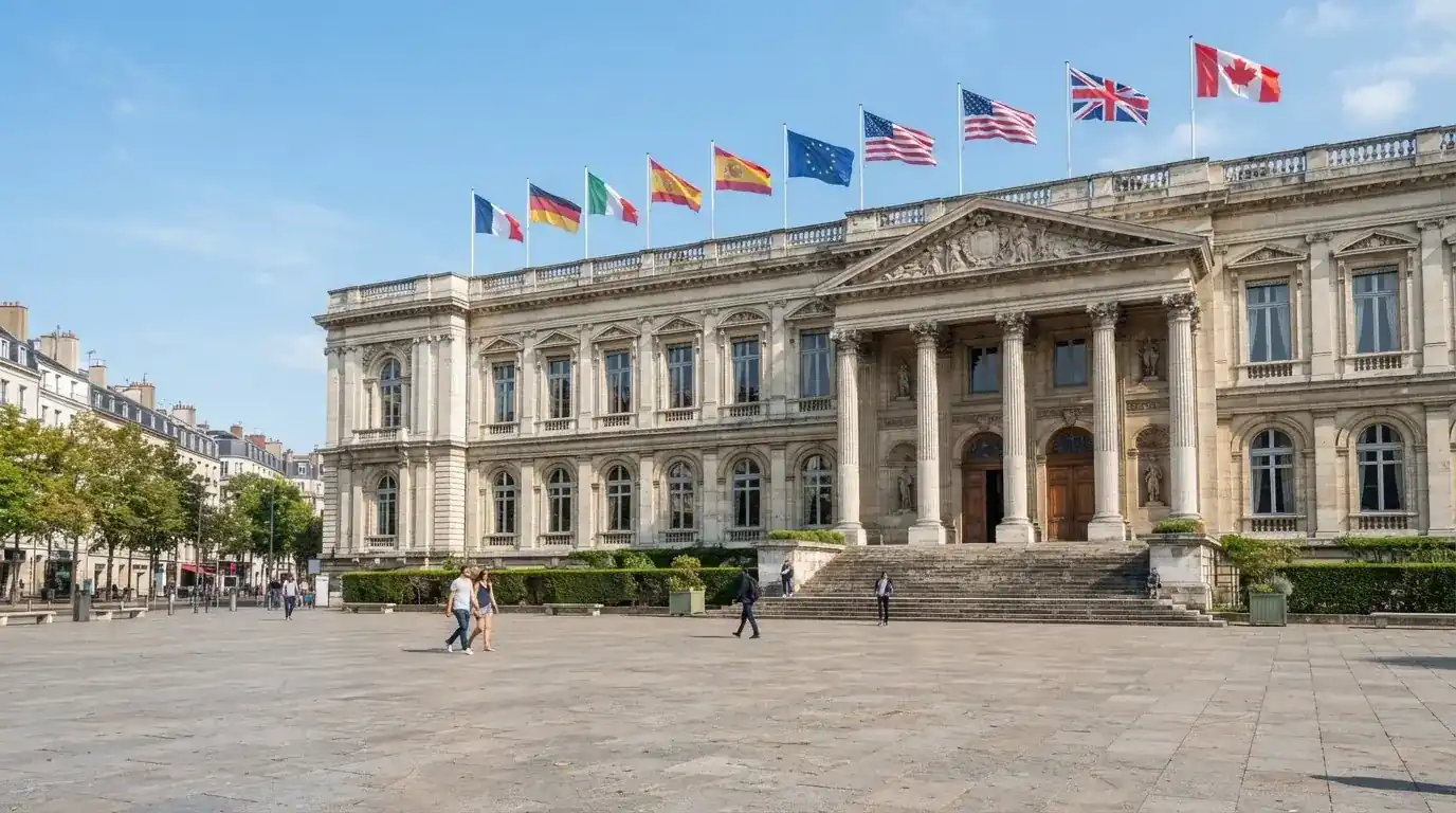Palazzo istituzionale con bandiere al vento in una piazza soleggiata — casinò slot machines con rtp alto